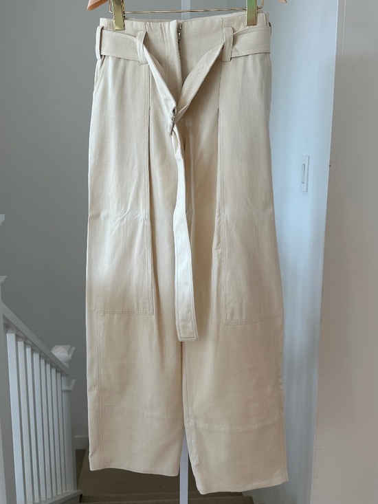 Zara Cream High Waist Cotton Pants Trousers with Belt Womens Medium - Picture 2 of 8